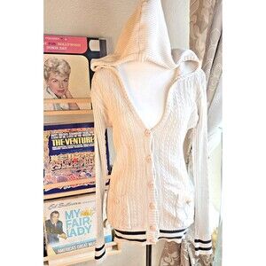 VTG Chevignon Sweater Womens M Hooded Cable Knit Button Cardigan Stripe Trim